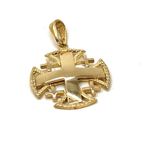 14K Gold Raised Up Round Smooth Jerusalem Cross Necklace